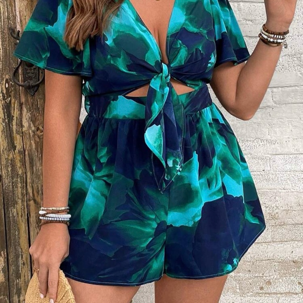 SHEIN Teal and Navy Tie-Front Romper